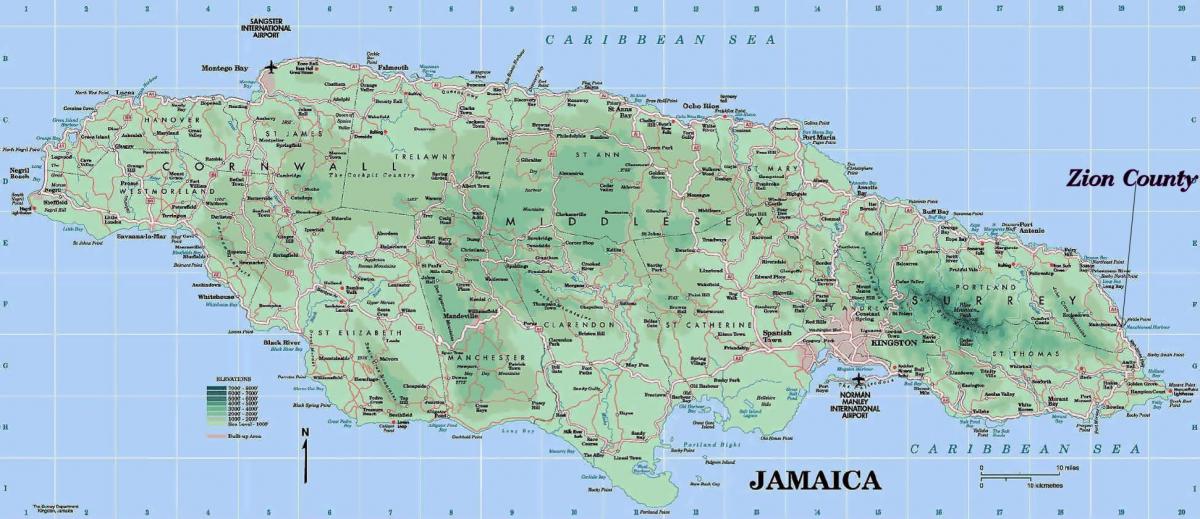 fizikal peta jamaica menunjukkan gunung